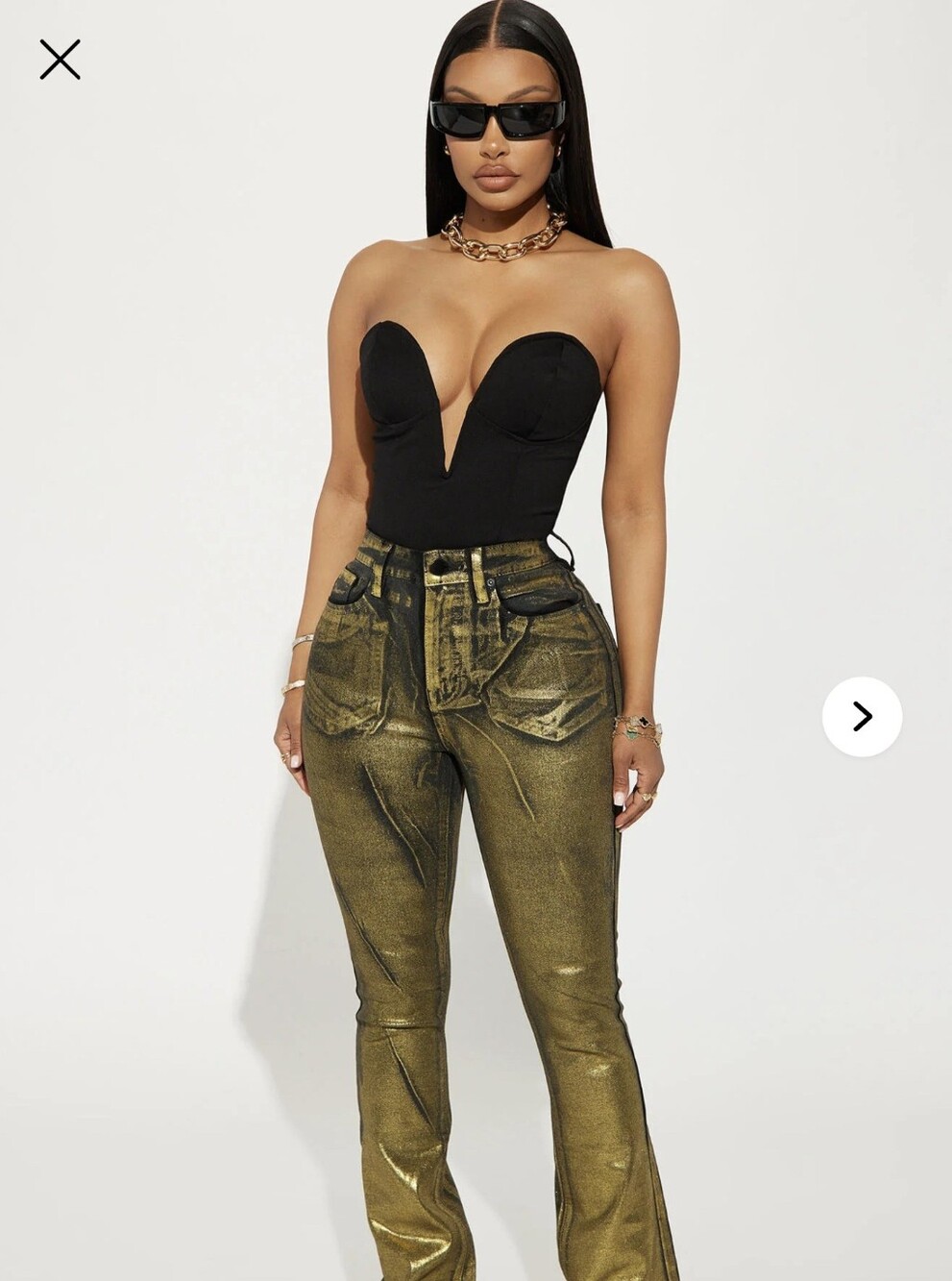 Fashion Nova Metallic Gold Flare Jeans
